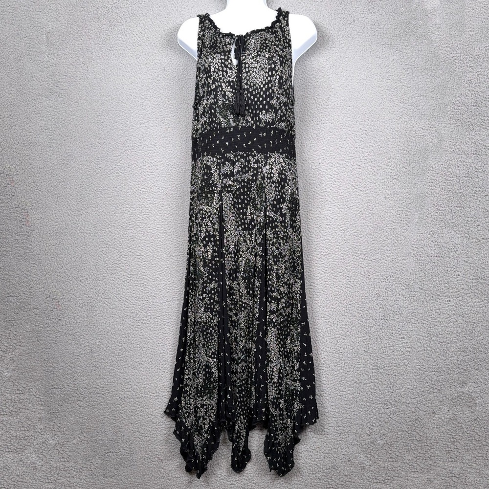Bila Dress Womens L Black Floral Rayon Handkerchief Hem Maxi Empire Fairy